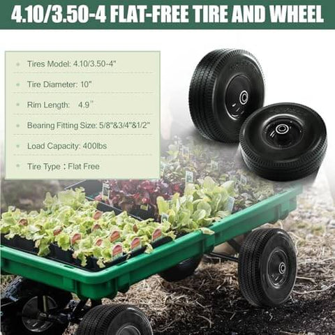 Flat Free 4.10/3.50-4 Tire And Wheel Set, Heavy Duty, 10 Inch Solid Wheel With 2.2 Inch Offset Hub, black tires on green cart