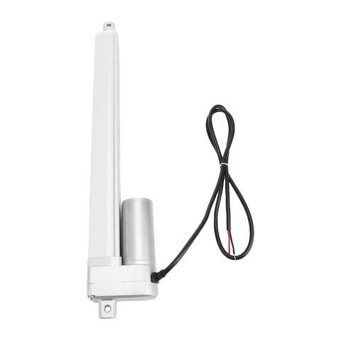 High Performance 12 Volt Linear Actuator With Heavy Duty 300mm Stroke And 330 Lb Load Capacity Featuring Waterproof I-P54 Build Plus Limit Switch For Electric Beds Sofas And Camera Stands, gray motor and extending arm.