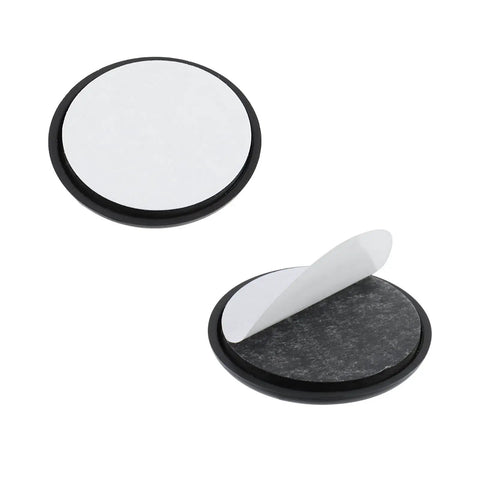 Heavy Duty Self Stick Furniture Sliders Round Two Inch Pads For Hardwood Floors No Sweat Setup, showing black plastic slider with release liner.
