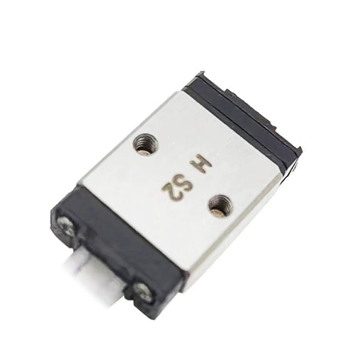 LWL5B linear guide block, angled front view; silver metal body with black end caps, 50mm rail compatibility.