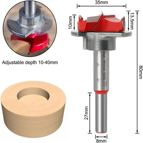 Heavy Duty 35mm Hinge Hole Locator Template Adjustable For Forstner Bits features a precise drill bit and wood cutout.