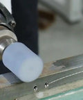 Six Piece 16 mm Cylinder Grinding Stones With One Quarter Inch Shank Aluminum Oxide Mounted Grinding Bits For Drill And Rotary Tools in use on metal surface