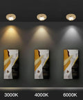 Image showing 10 Pack Slick Golden Brass Led Recessed Ceiling Downlights With Black Trim Dimmable Eye Ball Retrofit Spotlights at various color temps.