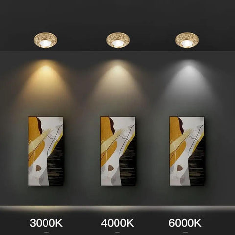 Image showing 10 Pack Slick Golden Brass Led Recessed Ceiling Downlights With Black Trim Dimmable Eye Ball Retrofit Spotlights at various color temps.