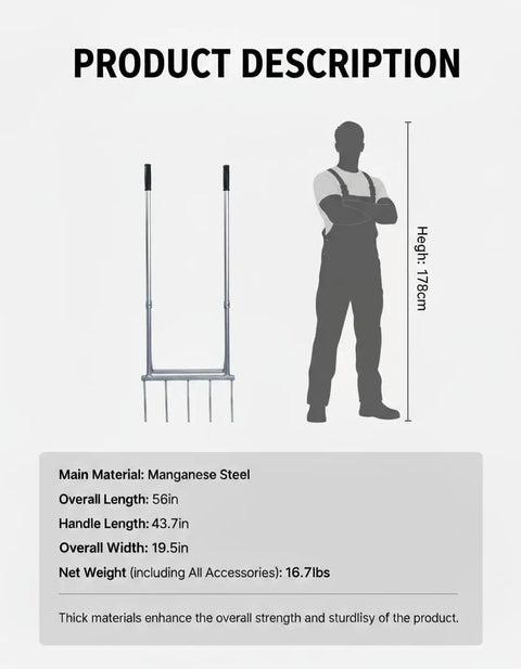 Diagram of 56 Inch 5-Tine Heavy Duty Broadfork with measurements and silhouette comparison