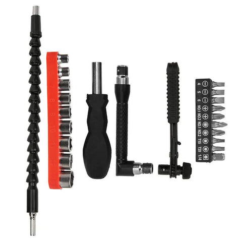 Get Your Hands On This Flex Shaft Bit Set With Premium Carbon Steel Screws, Ideal For Precision Electronics Repair And Heavy Duty Drill Jobs Including Computers Watches And Jewelry Tasks In A Solid 23 Pc Kit For Any DIYer Or Pro. 23-piece flex shaft bit set with carbon steel bits, sockets, and handles