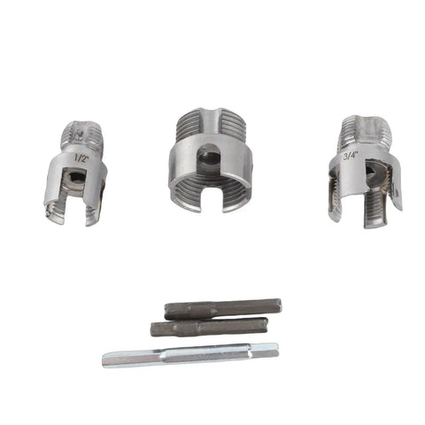 Three stainless steel pipe threader dies for 1/2", 3/4", and 1" pipes, designed for use with heavy-duty electric drill.