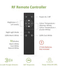 RF remote controller for 40ft Tunable White LED Strip Light With 1344 LEDs, featuring power, brightness, and color controls.