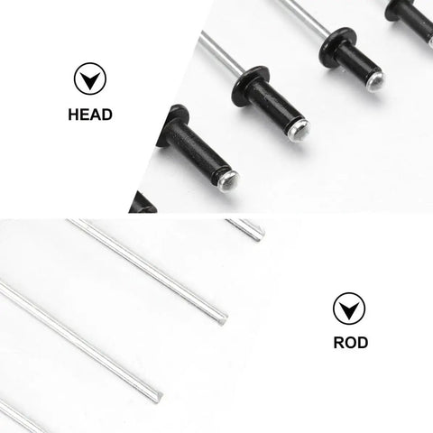 Aluminum Blind Rivets Kit In Black M4 M2.4 M3.2 Sizes 120 Pcs Assortment showing rivet heads and rods close-up.
