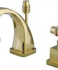 Metropolitan 4 Inch Mini Widespread Lavatory Faucet In Sleek Polished Brass Deck Mount Three Hole Design Drip Free Ceramic Disc Cartridge One Half Inch IPS Connections One Point Two GPM At Sixty PSI, polished brass finish
