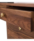 Close-up of the drawer with brass handle on Ergonomic Adjustable Standing Desk Featuring Rich Walnut Desktop Four Deep Storage Drawers Integrated Monitor Stand.