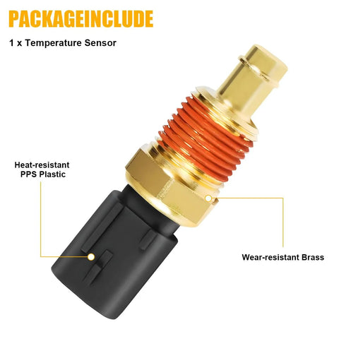 Car engine coolant temperature sensor with brass threaded body, red gasket, and black PPS plastic connector