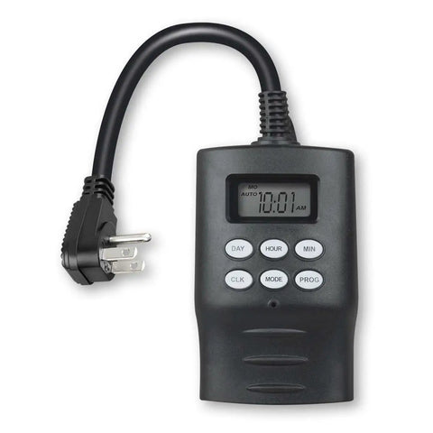 Ultimate Outdoor Digital Timer For Lights With Seven Day Programming And Dual Grounded Outlets showing digital display and plug.