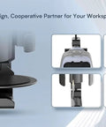 2 In 1 Desk Cup Holder And Headphone Hook, 360 Degree Rotating Aluminum Alloy Bracket in use with headphones and cable