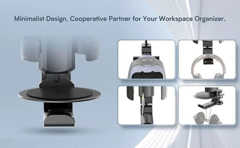2 In 1 Desk Cup Holder And Headphone Hook, 360 Degree Rotating Aluminum Alloy Bracket in use with headphones and cable