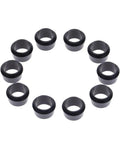 10 black plastic 0.370 Inch Golf Ferrules Caps with Split Sleeve Design for Tool Free Installation arranged in a circle.