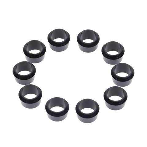 10 black plastic 0.370 Inch Golf Ferrules Caps with Split Sleeve Design for Tool Free Installation arranged in a circle.