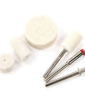 Top Notch 76 Piece Wool Polishing Wheel Set for Electric Grinder showing assorted soft wool buffing wheels and metal shafts.