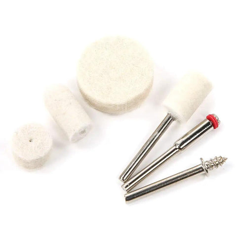 Top Notch 76 Piece Wool Polishing Wheel Set for Electric Grinder showing assorted soft wool buffing wheels and metal shafts.