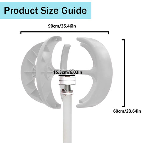 Side view of 600W 24V Wind Turbine Generator With Five Blades Vertical Axis VAWT Lantern Motor showing dimensions.