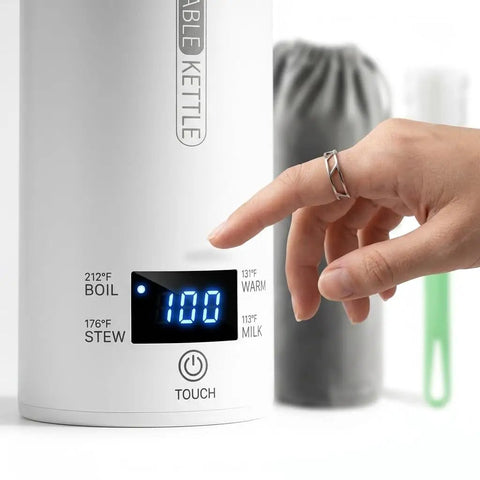 Premium No Sweat 500 Ml Portable Electric Kettle With Smart Temp Control And Crisp LCD Display showing touch panel settings.