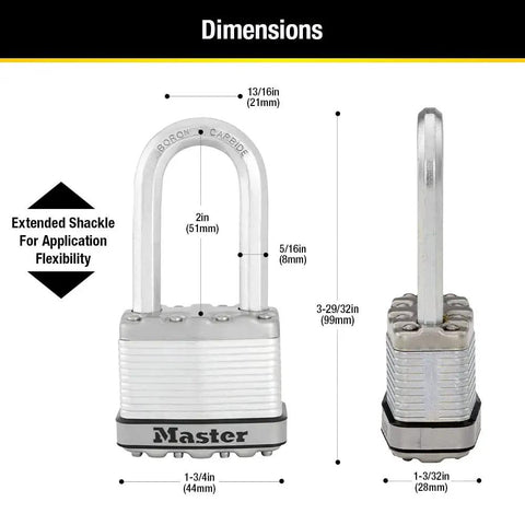 Dimensions of Magnum Heavy Duty Padlock With Key, Built Like A Tank, 3 Pack Keyed Alike, showing extended shackle and measurements.
