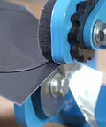 Close-up of Throatless Rotary Hand Shear For Sheet Metal 16 Gauge 1.5 mm Capacity Easy Cut For Straight Curved And Internal Corner Cuts Mini Benchtop Tool Blue Finish cutting metal