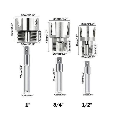 Solid 4 In 1 Water Pipe Threader Set For Fast Internal And External Threading Fits Inch And Inch PvC Pipes compatible drill attachments.