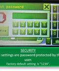 Close-up of a digital password input screen on a flow meter with default setting instructions.