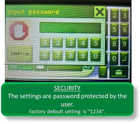 Close-up of a digital password input screen on a flow meter with default setting instructions.