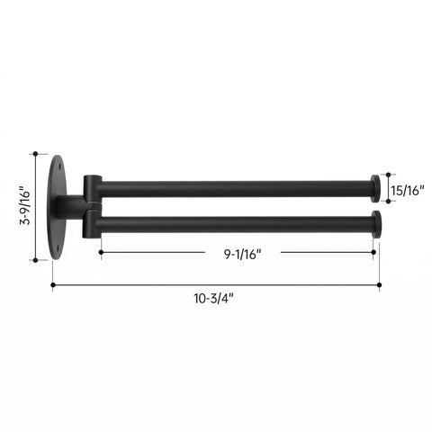 Top Shelf Swivel Towel Bar For Kitchen And Bathroom, 9 Inch Wall Mounted Black Stainless Steel Holder with measurements.