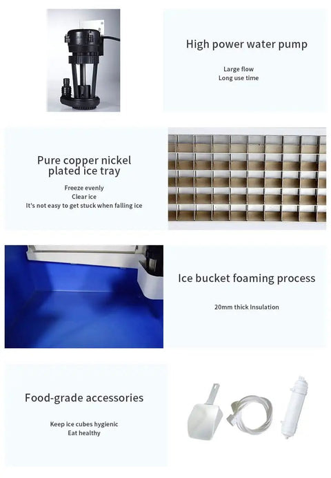 Heavy Duty Commercial Ice Maker Kicks Out 1980 Lbs Of Rock Solid Square Cubes Daily In A Massive 1100 Lb Hopper With Zero Hassle 110V Automatic Operation For Home Bars And Restaurants components including water pump, ice tray, and food-grade accessories.