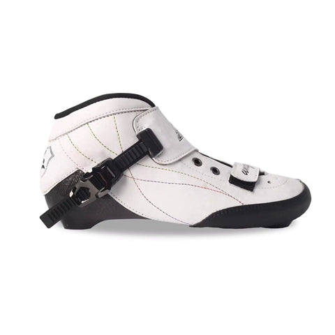 Side view of a white carbon fiber inline speed skate boot with black accents, showing ultra-stiff carbon sole and fastening straps.