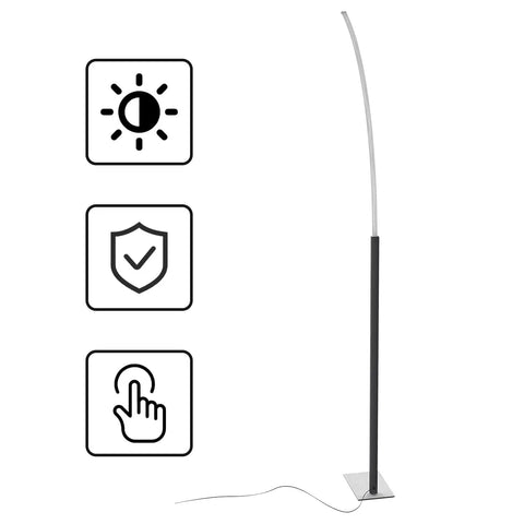 Arc Corner Floor Lamp With 3000K Warm White Cozy Vibes Mood Lighting, Three Brightness Presets, Easy Tap Touch Switch, 63 Inch Curved LED Standing Lamp For Living Room And Bedroom, Sleek Silver Finish with icons