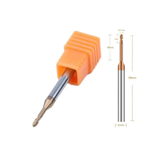 Premium HRC55 Carbide Ball End Mill 2 Flute With Extra Long Nose For CNC Finishing and Woodworking, 50mm length and 4mm diameter.