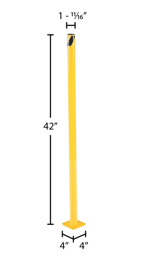 Heavy Duty Welded Steel Safety Bollard Standing Forty Two Inches Tall Built Like A Tank For Parking Lots And Docks Rock Solid Garage Guardian With Bright Safety Yellow Coating, 42 inches tall, 1.75 inch tube.