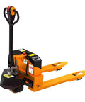 Heavy Duty Electric Pallet Jack Truck With 4400 Lbs Capacity For Warehouses And Construction Sites Featuring Lithium Ion Battery And Multi Function Handle At 55cm, shown at an angle with functional handle.