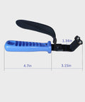 Heavy Duty Double Edge Cutting Deburring Tool For Sheet Metal with blue handle and rotating round blades, dimensions shown