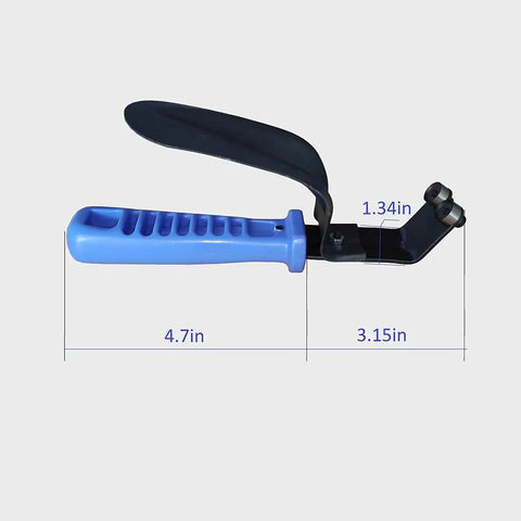Heavy Duty Double Edge Cutting Deburring Tool For Sheet Metal with blue handle and rotating round blades, dimensions shown