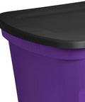 Hella Spacious 18 Gallon Storage Tote With Snug Snap Lid, Stackable Plastic Bins For No Sweat Closet Organization, Durable Handle Grips, Opaque Purple Build, 16 Piece Set close-up view of black lid and purple bin