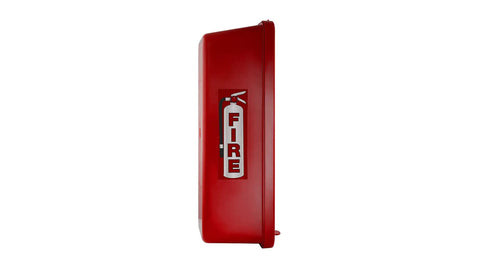 Straight Up Outdoor Fire Extinguisher Cabinet With Red Breaker Bar Mount And Hella Tough Plastic Shell For 10 Lb Abc Suppression side view in red