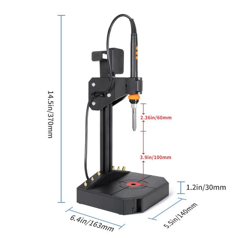 Vertical heat-set insert press with 90W soldering iron, M2–M8 tips, and 30 brass threaded inserts