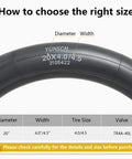 Tubing guide for 2-Pack Heavy Duty Fat Bike Inner Tubes 20x4.0 To 4.5 Inch With Schrader Valve 102/114-406, sizing chart displayed
