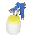 Heavy Duty Stainless Steel Paint Sprayer With 1.5 Mm Siphon Nozzle For Auto Detailing and Hot Rod Builds shown with white cup and blue handle.