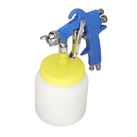 Heavy Duty Stainless Steel Paint Sprayer With 1.5 Mm Siphon Nozzle For Auto Detailing and Hot Rod Builds shown with white cup and blue handle.
