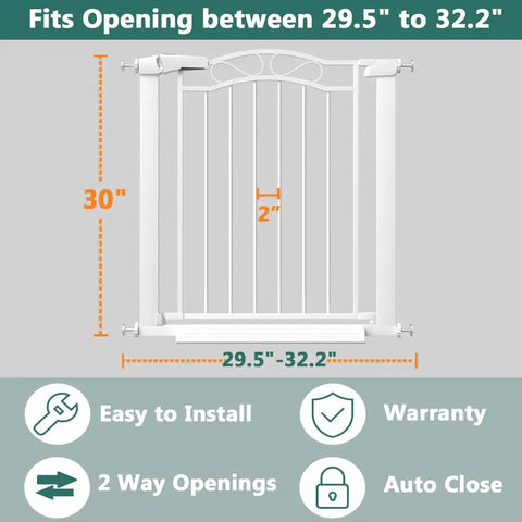 Diagram showing features of an adjustable baby gate for openings 29.5-32.2 inches with easy install and auto close functions.