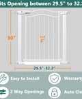Diagram of baby gate dimensions with auto-close feature, product titled 'Extra Wide Walk Through Baby Gate For Doorways And Open Spaces Adjustable 76 To 79 Inches Kid And Pet Safe Easy Install No Fuss Gate For Stairs Hallways And Large Openings'.