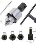 Quick Change Drill Chuck Kit With 2.3mm And 3.17mm Brass Shafts Mini Sport Shaft Clamp Drill Adapter For 0.3mm To 4mm Drill Bits Includes Hex Wrench Connecting Rod Brass Sleeve with size chart and components visible.