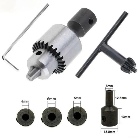 Quick Change Drill Chuck Kit With 2.3mm And 3.17mm Brass Shafts Mini Sport Shaft Clamp Drill Adapter For 0.3mm To 4mm Drill Bits Includes Hex Wrench Connecting Rod Brass Sleeve with size chart and components visible.