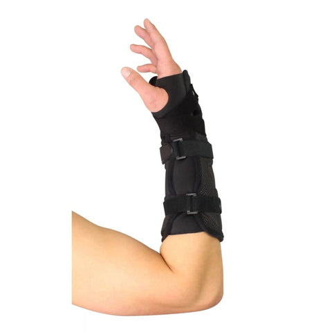 Ambidextrous Wrist Brace With Adjustable Malleable Aluminum Cuffs for wrist forearm and arm support shown on an arm